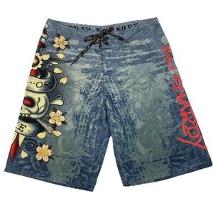 ED HARDY AUDIGIER swim trunks board shorts SKULL DO OR DIE y2k SIZE 33